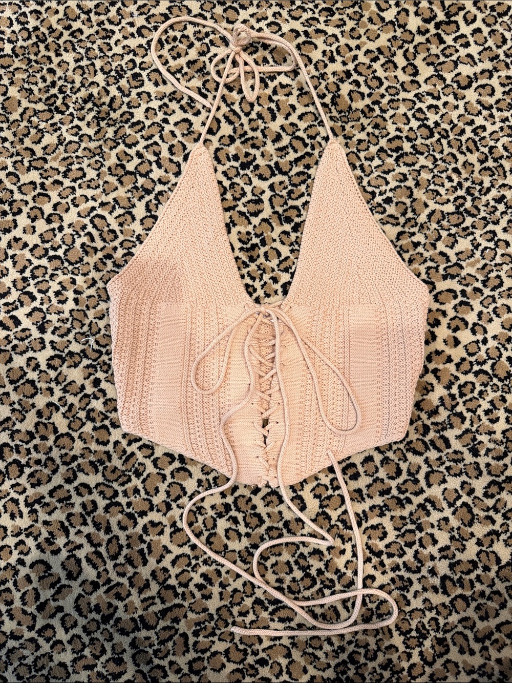 Tan Knit Lace-Up Halter Crop Top